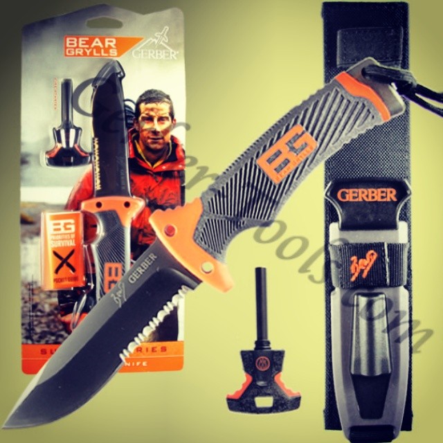 The Gerber Bear Grylls Ultimate Knife 31-00751 features a full tang, partially serrated fixed blade constructed of high carbon stainless steel. The base of the handle has a cross hatched pommel for hammering. Attached lanyard come with a built in survival whistle. Fire starter rod is housed in the front of the sheath, on the back, a diamond sharpener. Available at www.Gerber-Tools.com gerbergear knife survival fixedblade fulltang ultimate bear beargrylls bg bugout outdoorsmen