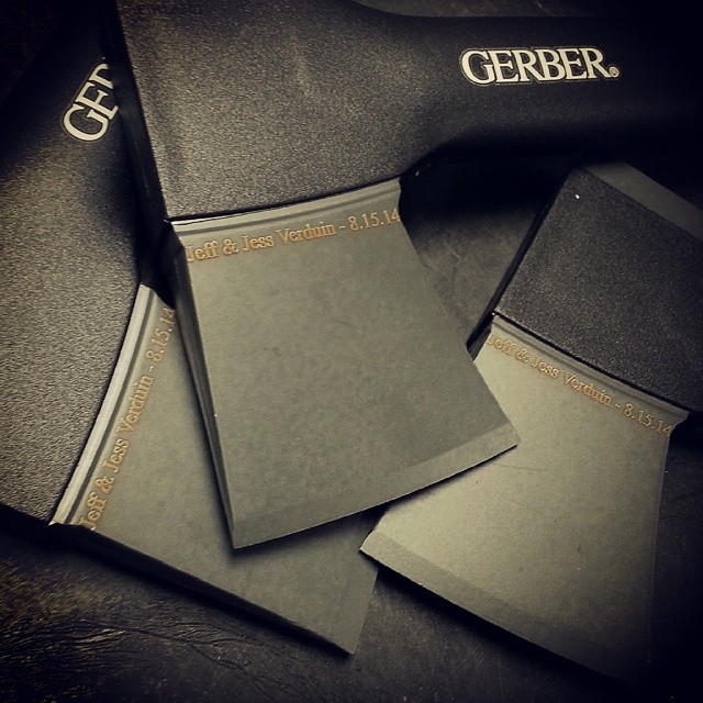 Some engraving action on these Gerber Sport Axe II for a wedding party.. pretty awesome! Congrats! Sold & engraved at www.Gerber-Tools.com gerbergear sport axe weddingparty groomsmen custom gift