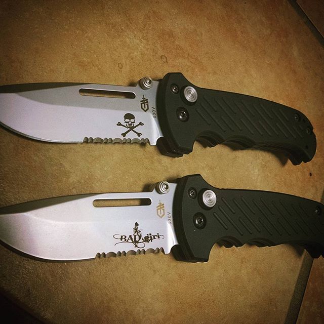 Two custom logos on a couple of 30-000308N Gerber Combat Folders, a skull and cross bones and a bad-girl logo. Great designs on great Gerber knives GerberKnives gerbernation customengraving customlogo combatfolder