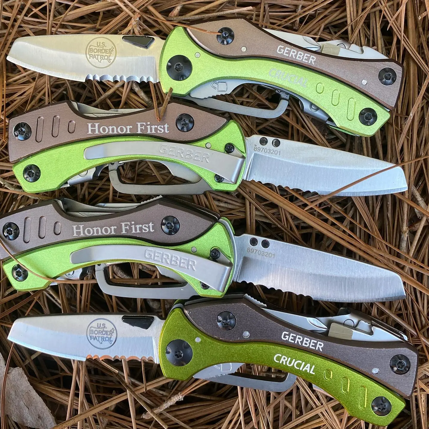 Gerber Crucial green multiplier 30-000140.  Just engraved for our customers- blade is 1.9 inches long. #gerbercrucialmultitool #gerbercrucial #engravedmultitool