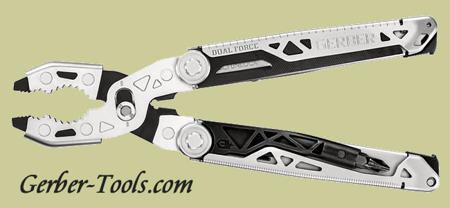 Gerber Dual-Force Multi-Tool 4.65 Closed, Silver and Black Steel Handles,  Fabric Sheath - KnifeCenter - 30-001721